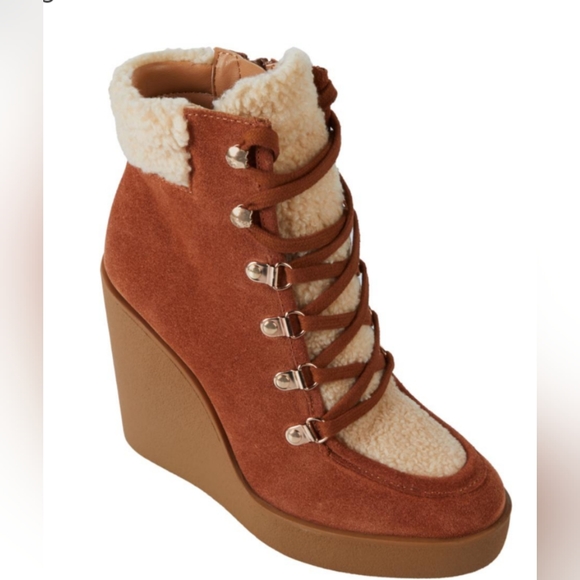 Jessica Simpson Maelyn Fleece Fur Leather Suede Wedge Lace Zip Up Heel Boots 8 M - Picture 3 of 8